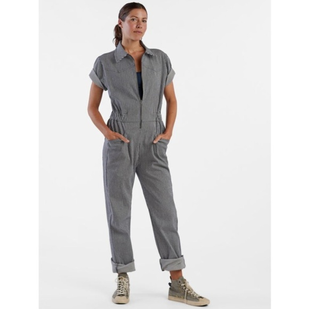 Deso Supply Co Womens Hickory Stripe‎ Jumpsuit Blue White Bodie Coveralls SM